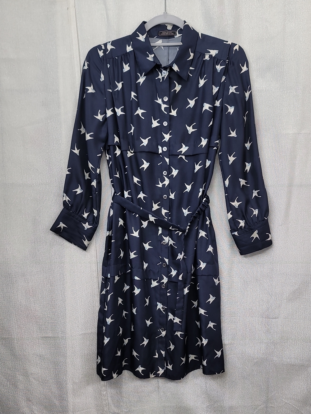 Nina Ricci Navy Silk Bird Print Dress Size 38 US Size Small